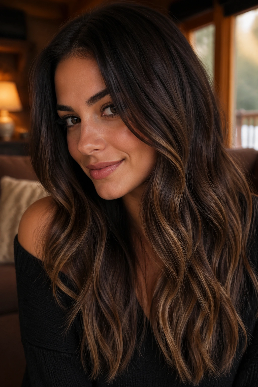 Close-up of a real woman with smoky mocha melt gradient across brunette hair