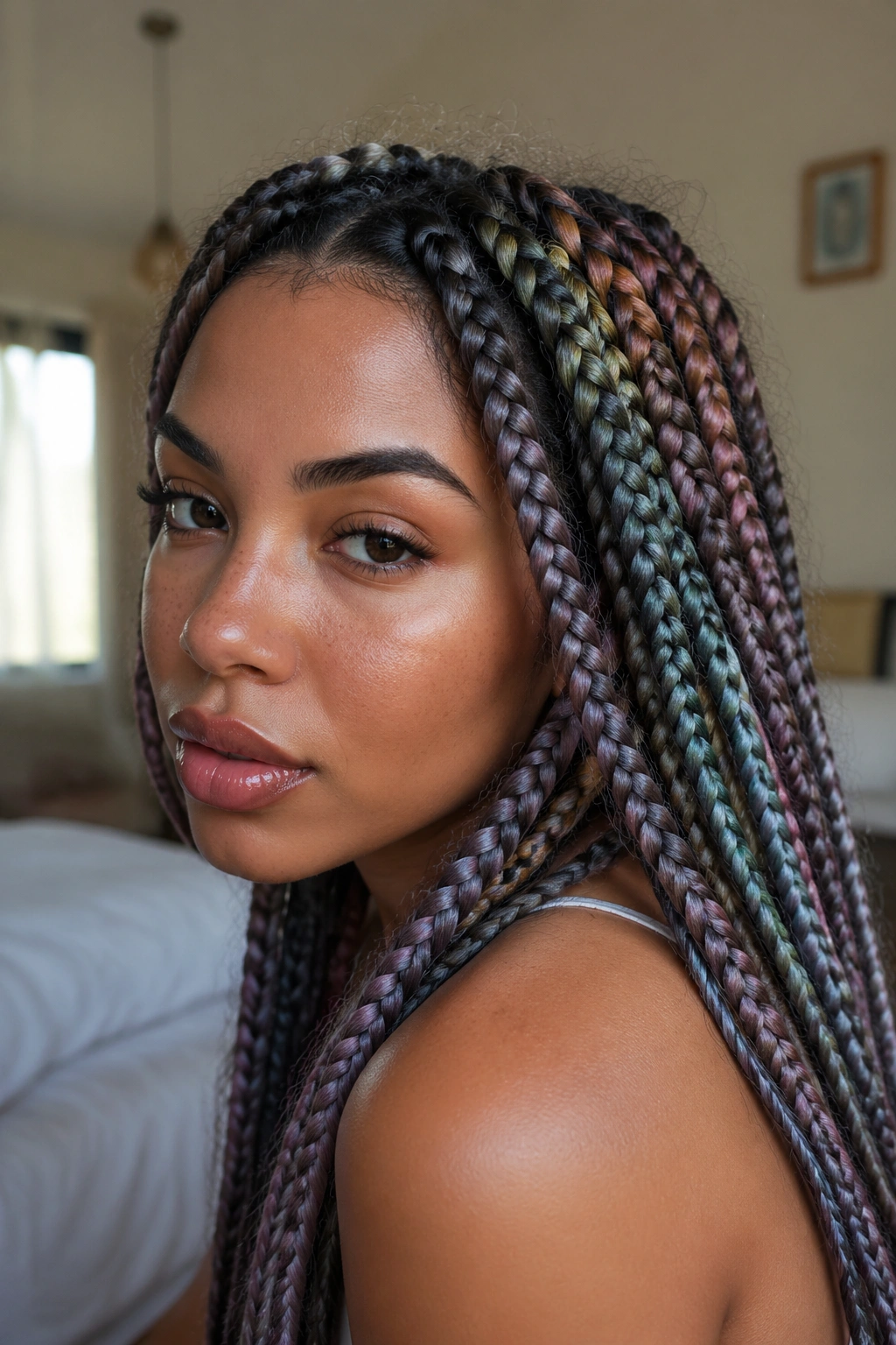 Close-up of a real woman with smoky rainbow braids in ash-gray and pearl tones