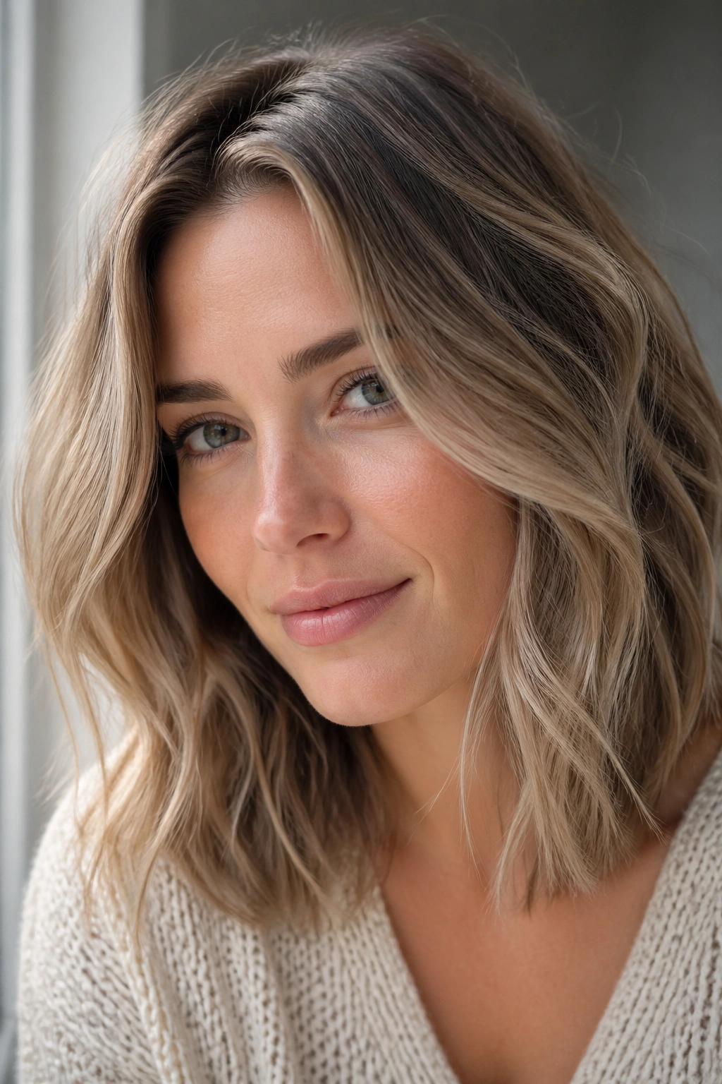 Close-up portrait of a real woman with smoky rooted dirty blonde hair and ashy roots.