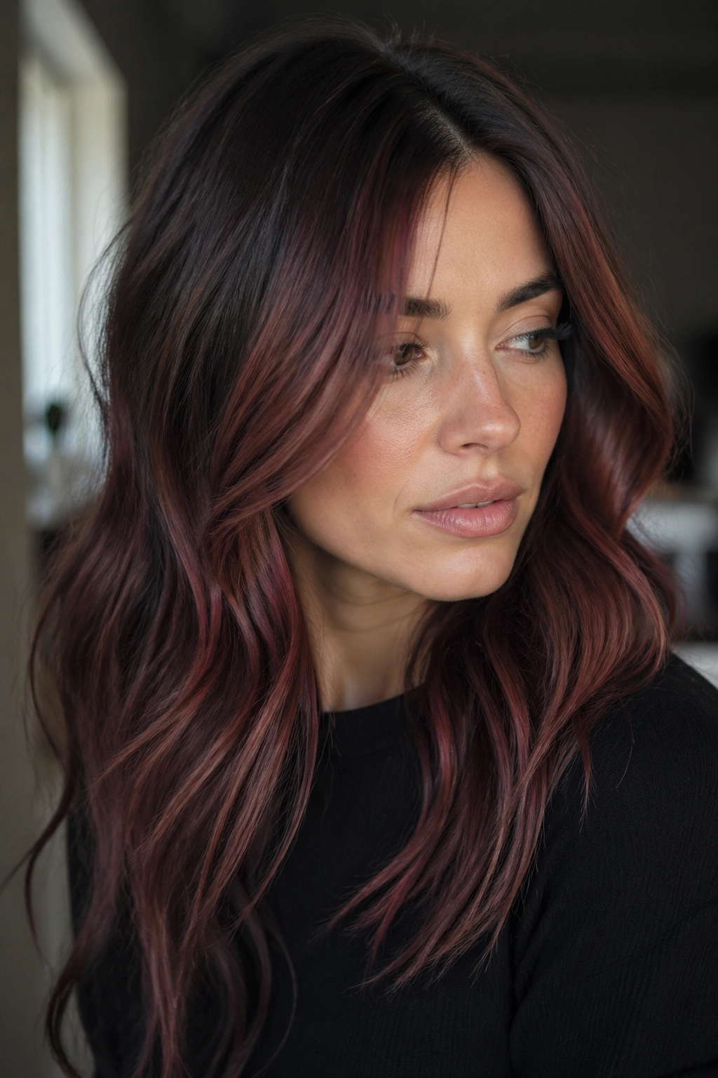 Close-up of a real woman with smoky rose brunette hair.