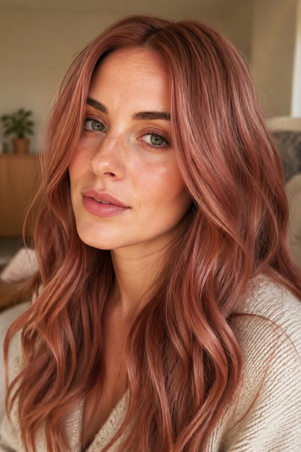 Portrait of a real woman with smoky rose copper hair and soft waves