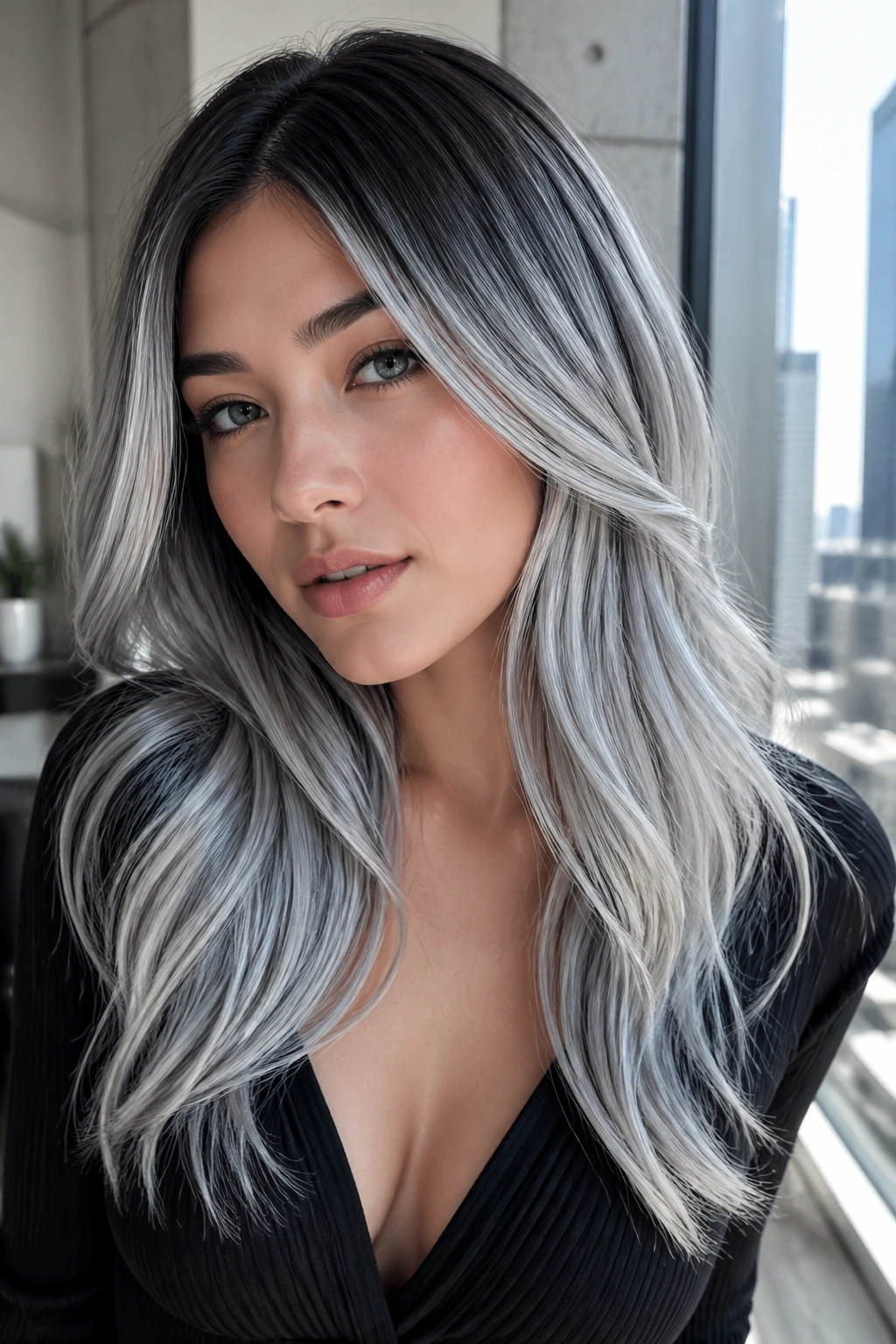 Close-up of a real woman with Smoky Silver hair from charcoal to silver.