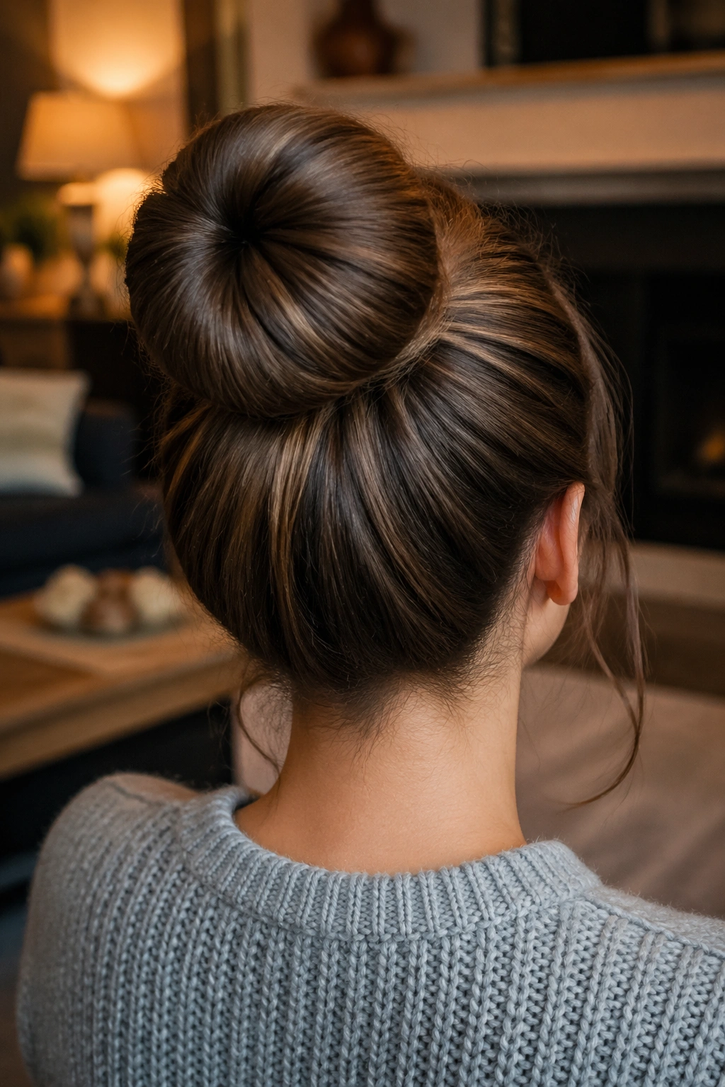 Back view of a woman showing a large sock bun