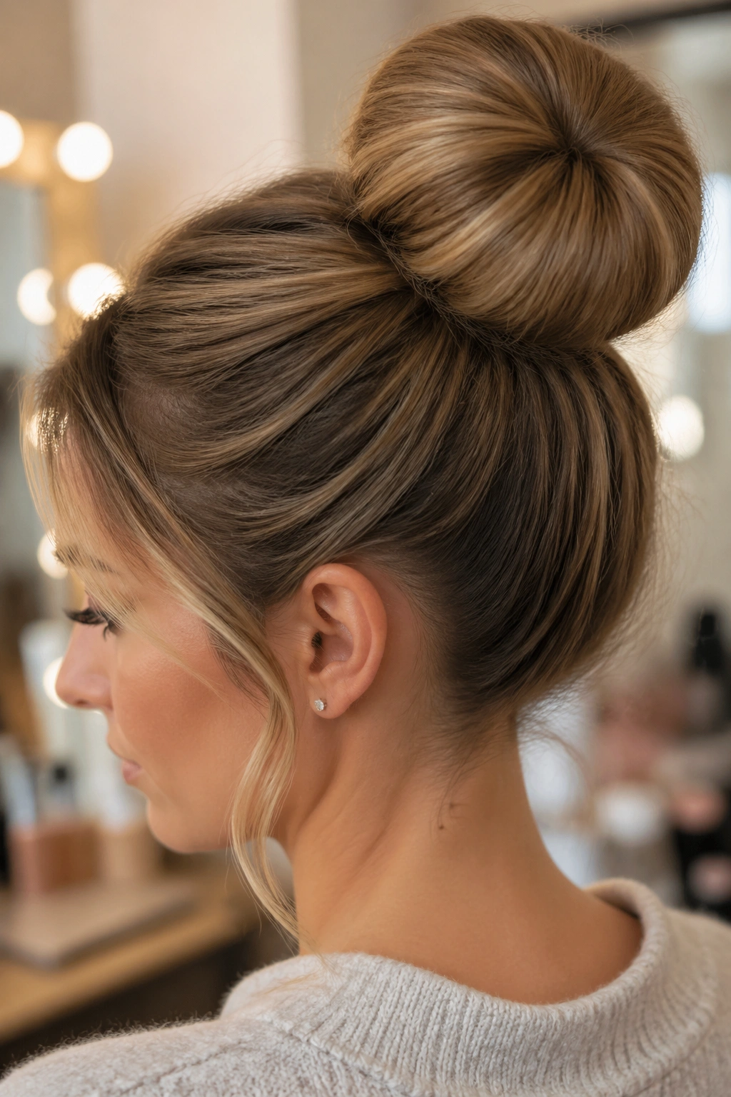 Portrait of a real woman with a larger sock-donut bun