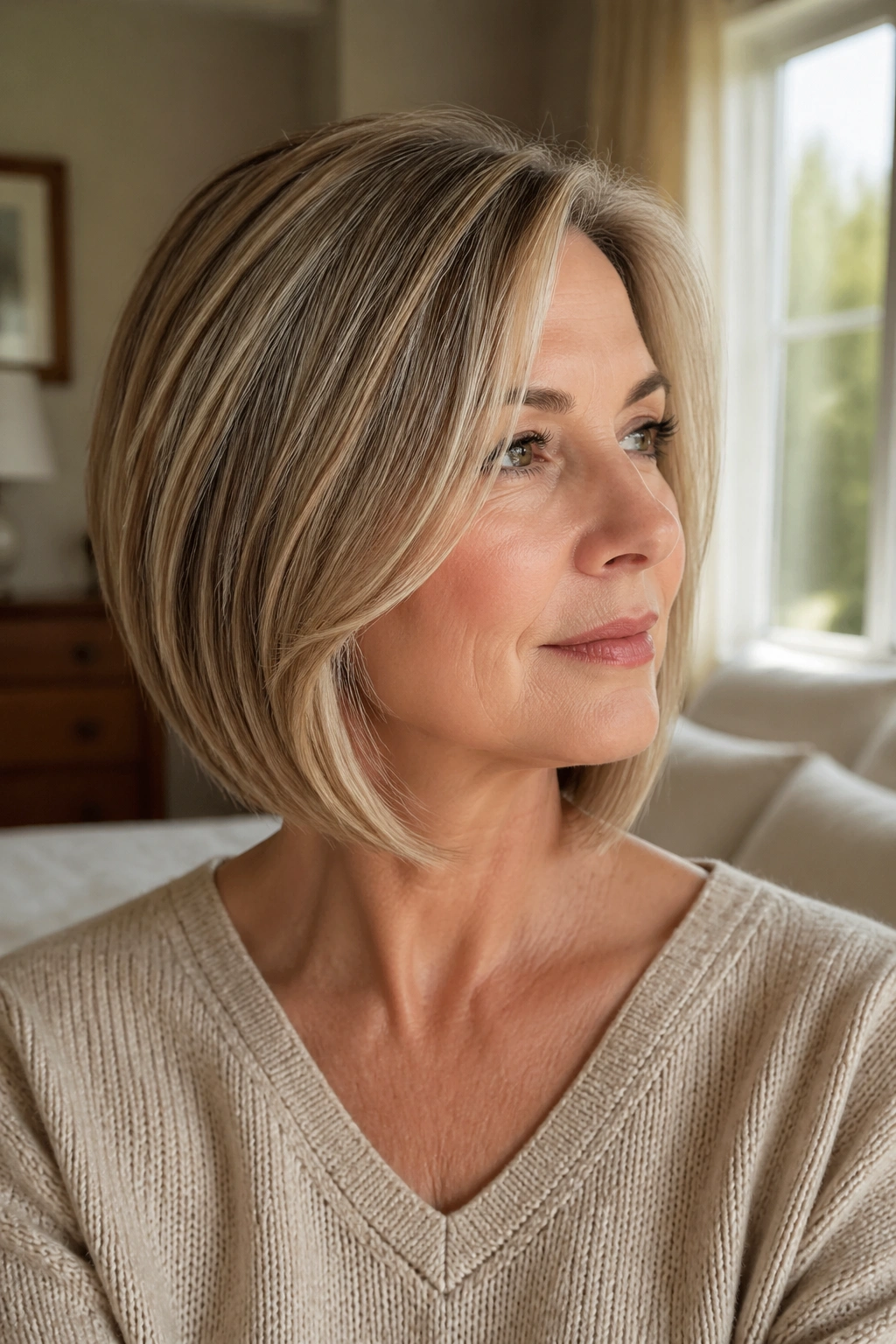 Close-up of a real woman with a soft A-line lob and neck-slimming angle