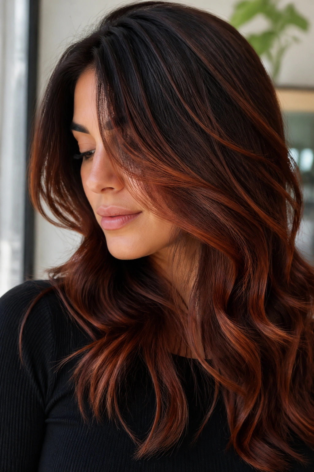 Close-up of a real woman with soft auburn balayage on dark brown hair