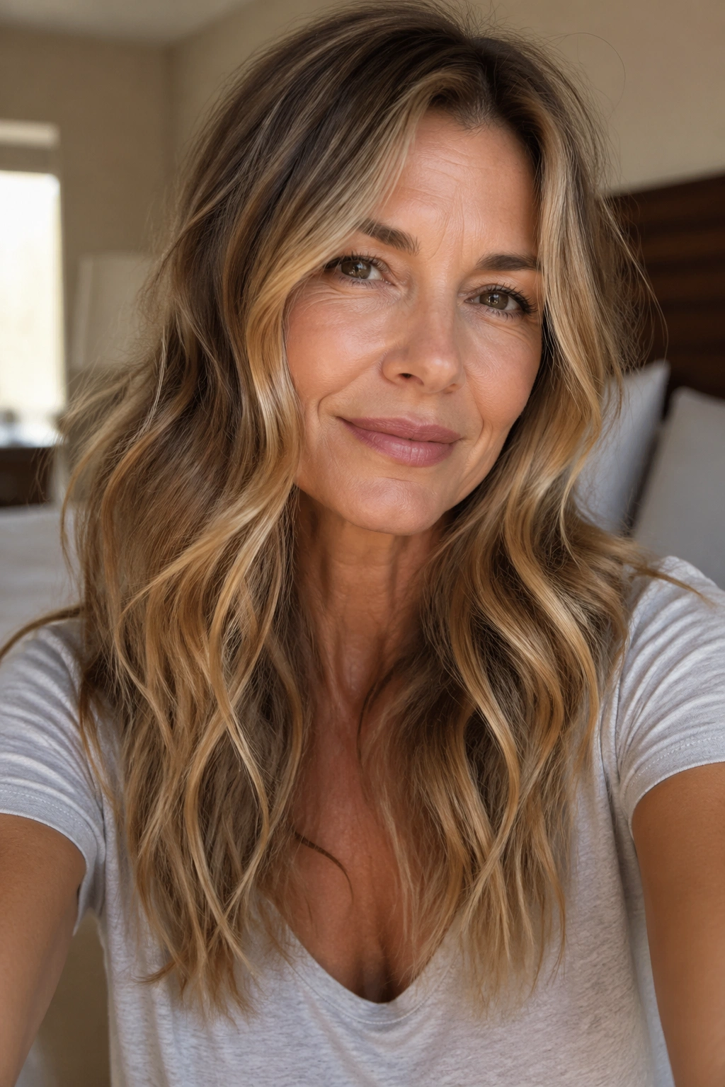 Close-up of real woman with soft beach waves framing face in warm bedroom light