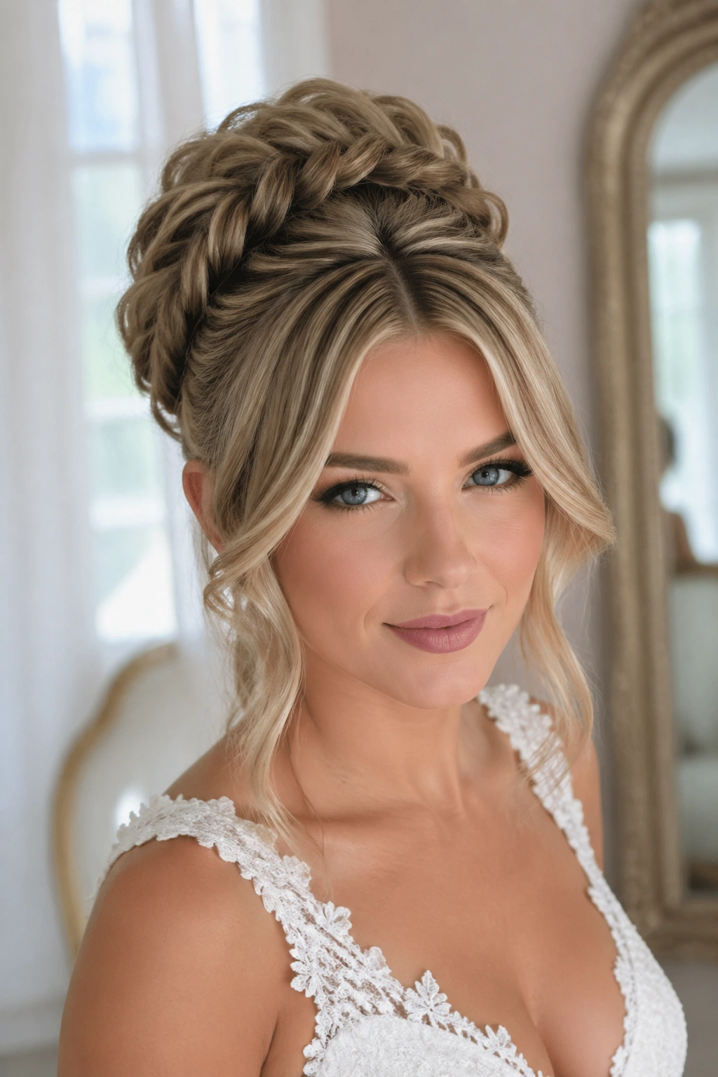 Bride with soft beehive and face-framing waves in bridal light