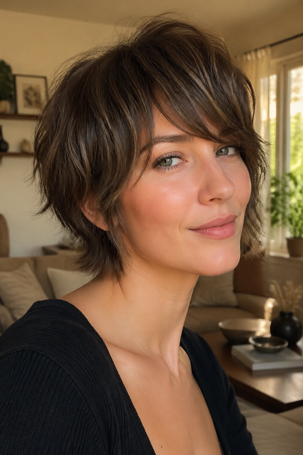 Portrait of a person with soft bixie shag and side-swept bangs in a sunlit living room