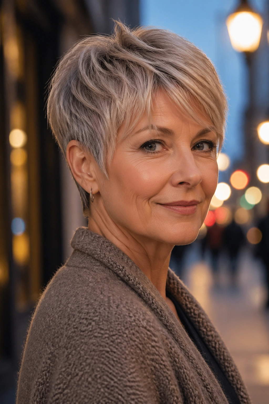Real woman with soft bixie haircut on urban street at golden hour