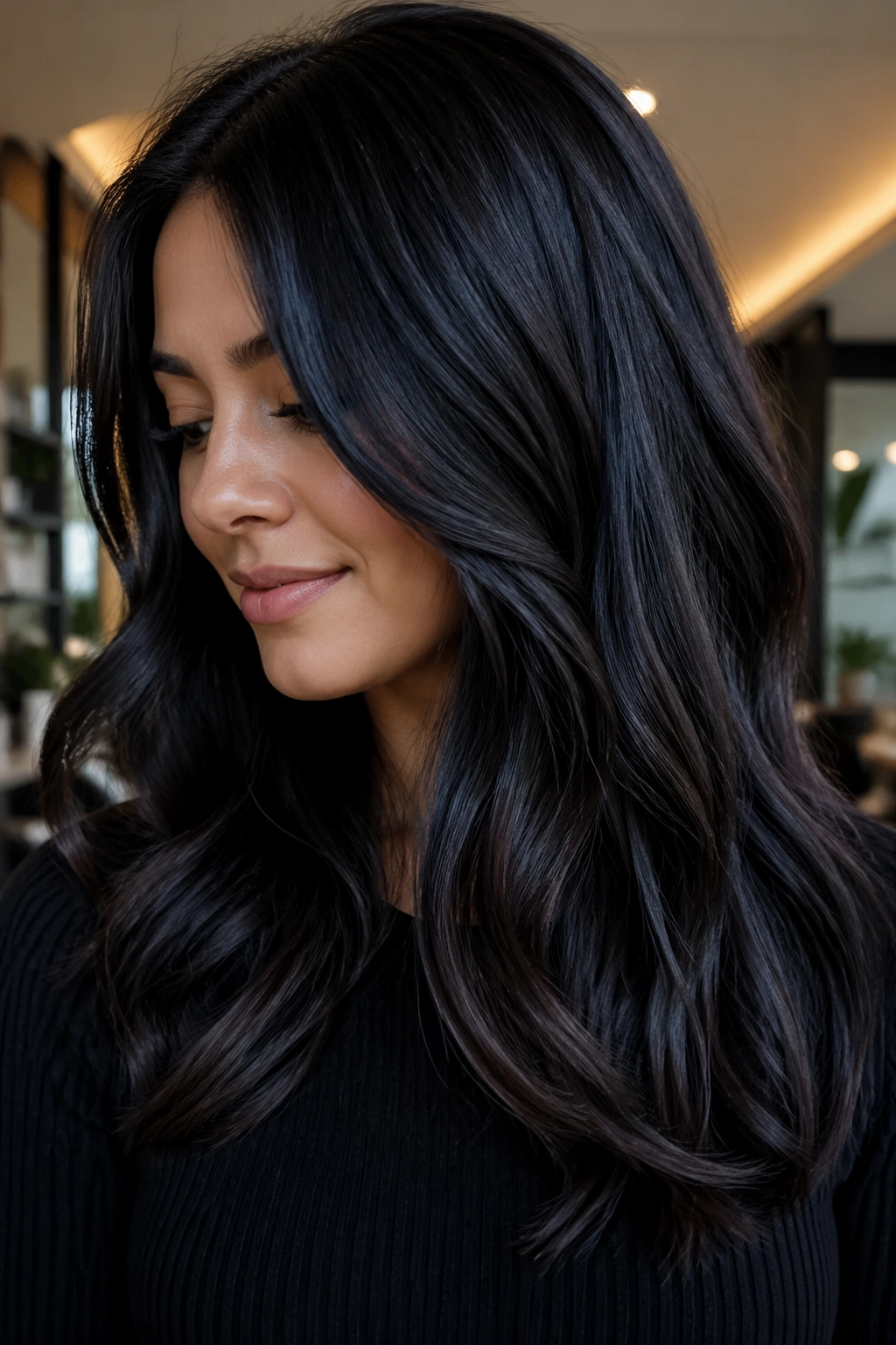 Close-up of real woman with soft black balayage and subtle highlights.