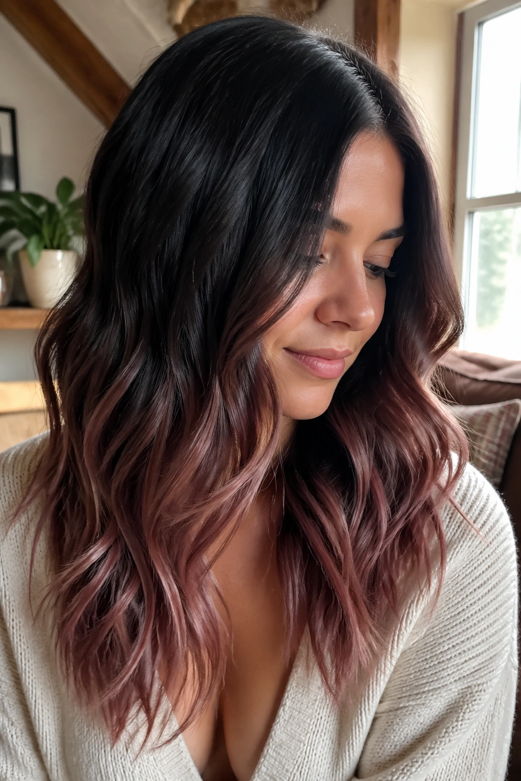 Close-up of soft black to smoky rose brown ombre on a real person in warm window light