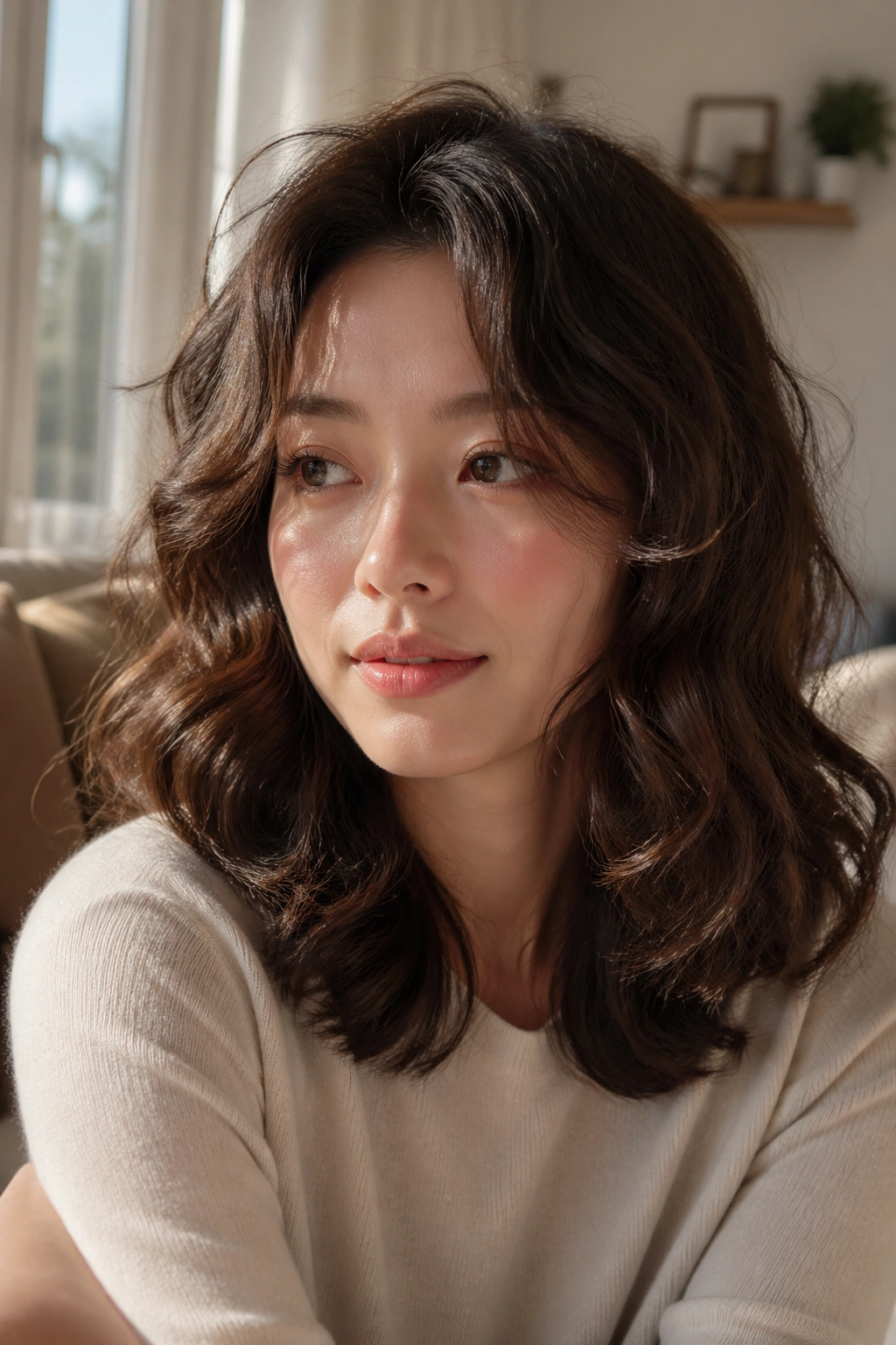 Close-up of a real woman with soft body-wave perm, natural lighting, photorealistic portrait