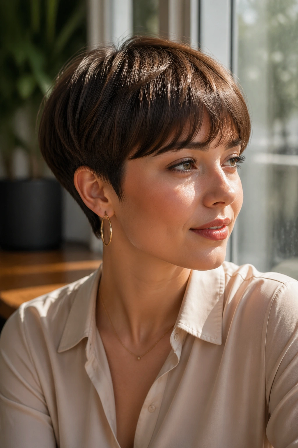 Close-up of a woman with a soft bowl-crop pixie featuring a rounded silhouette and curved fringe.