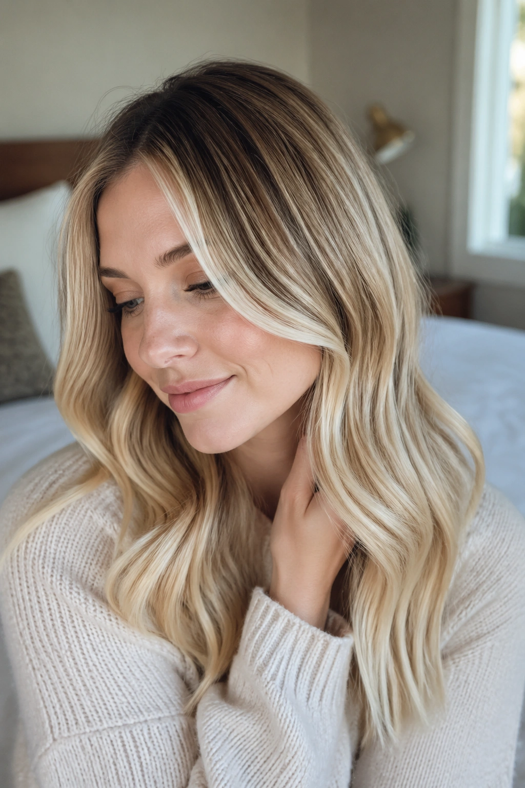 Close-up of a real woman with soft champagne ribbons woven in wavy hair under warm window light