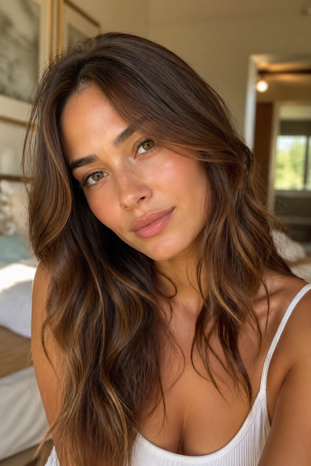 Close-up portrait of a real person with soft chestnut brown hair and warm skin tones