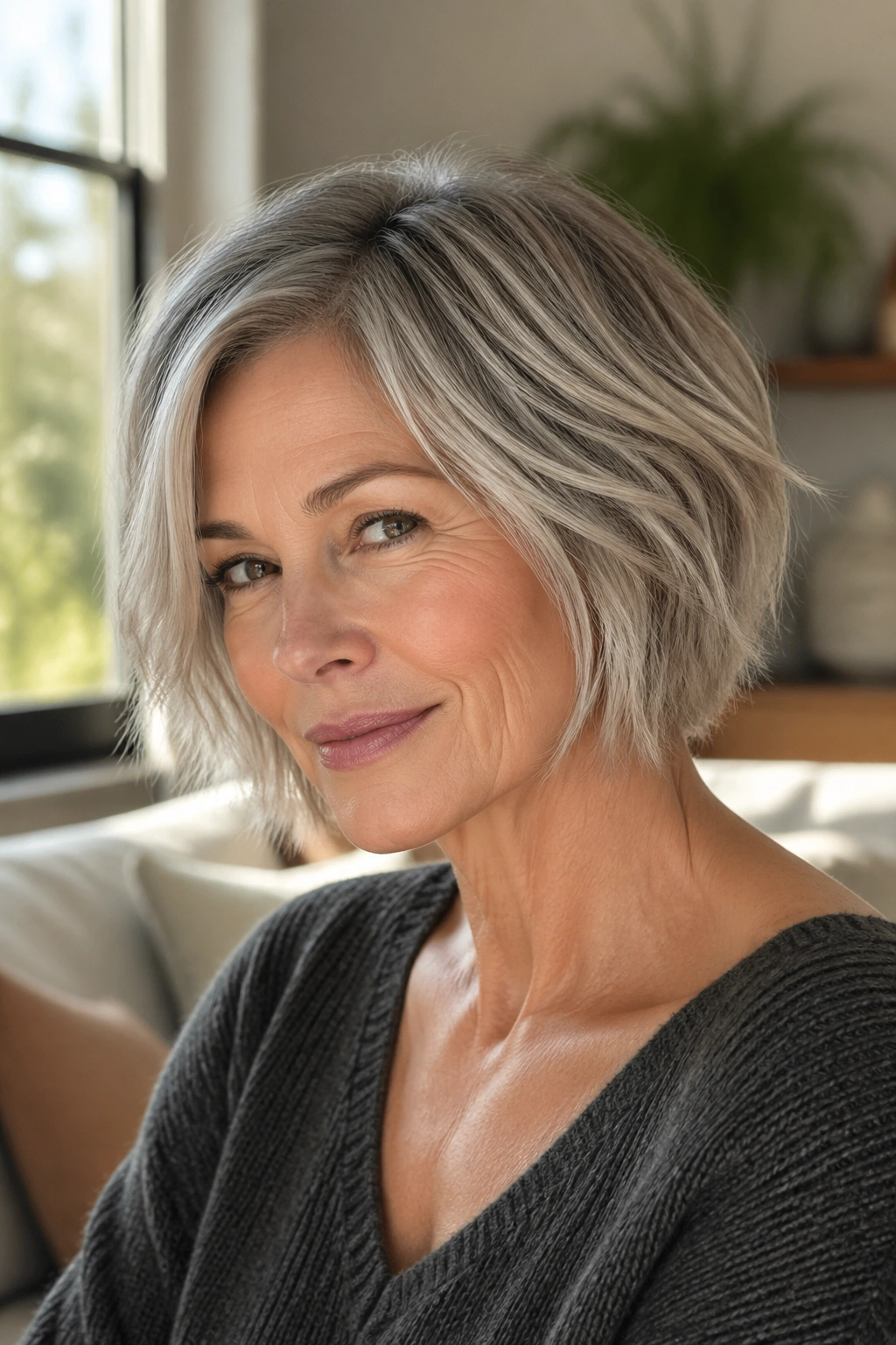 Close-up of an older woman with a soft choppy bob and textured ends