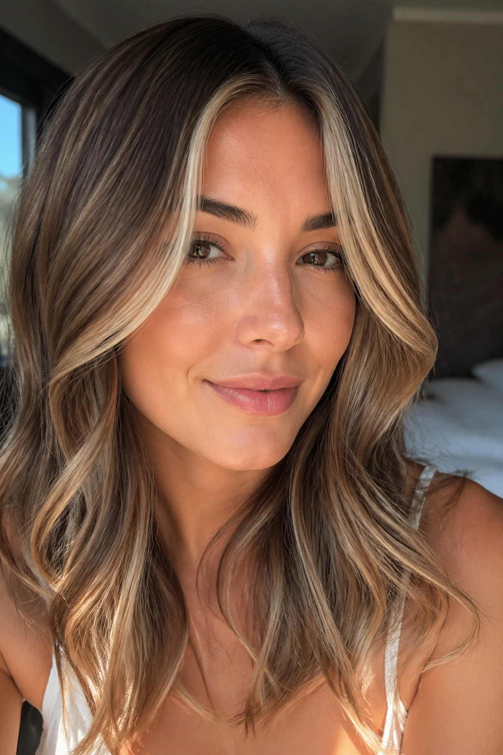 Close-up of a real woman with soft sun-inspired chunky panels on light brown hair