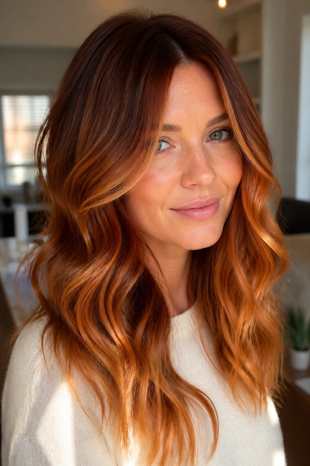 Close-up portrait of a real woman with soft copper balayage and glossy ends