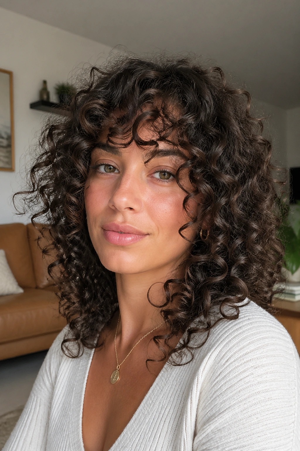 Close-up of a real woman with soft corkscrew curls and layered cut.
