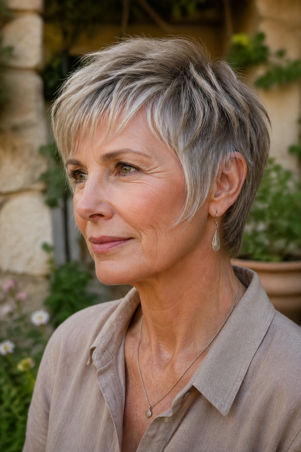 Close-up of real woman with soft crop pixie and longer sideburns in golden-hour light