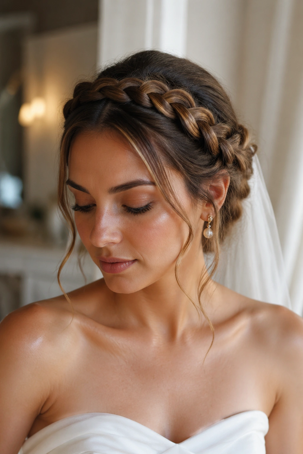 Close-up of a real bride's soft crown braid with loose tendrils framing the face