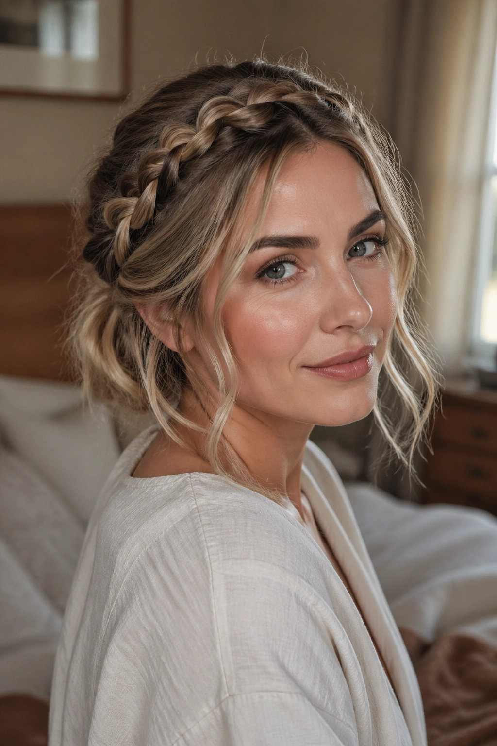 Close-up of a woman with a soft crown braid and loose waves framing her heart-shaped face