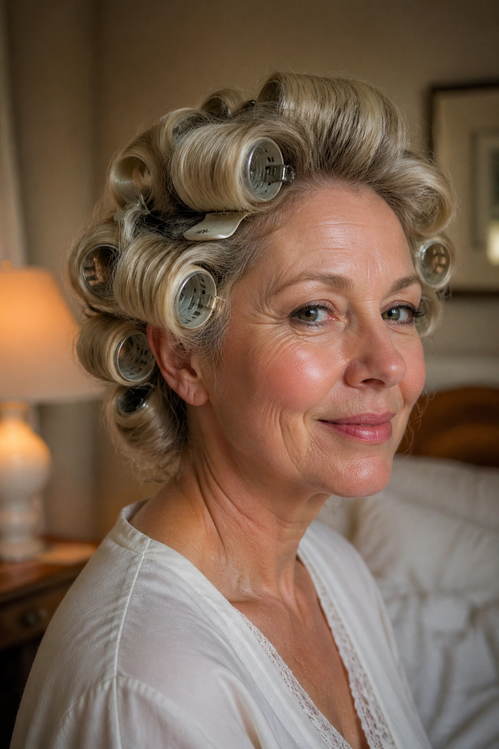 Close-up portrait of a real woman with soft curls from hot rollers and crown lift in warm window light