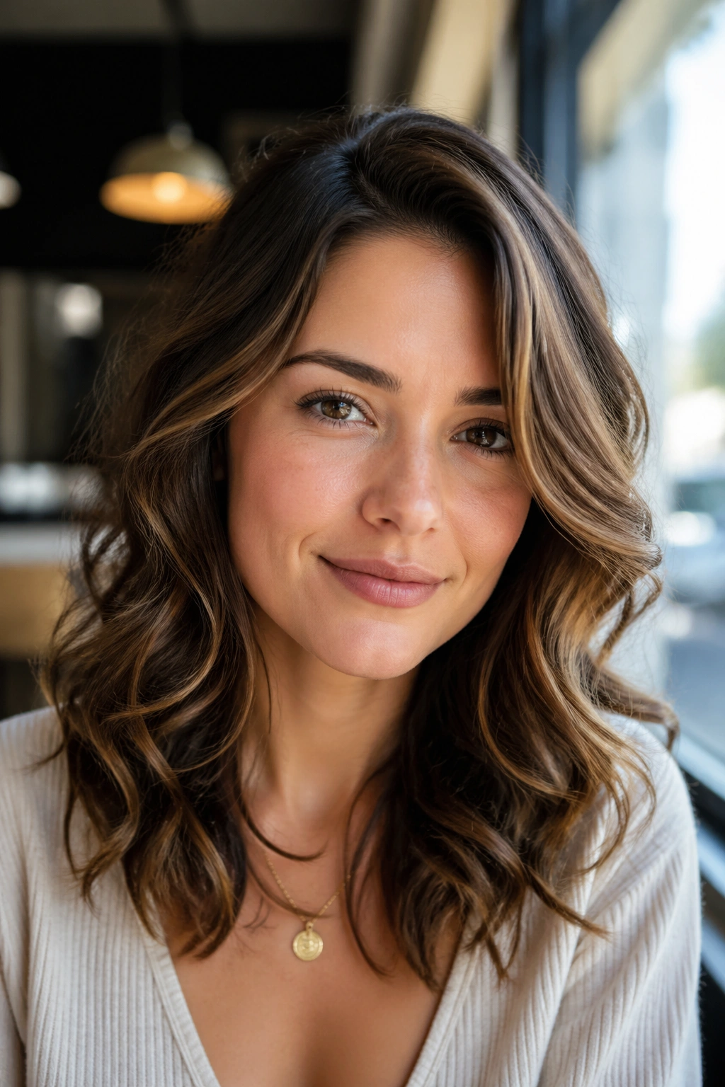 Close-up of a woman with soft curls and off-center part