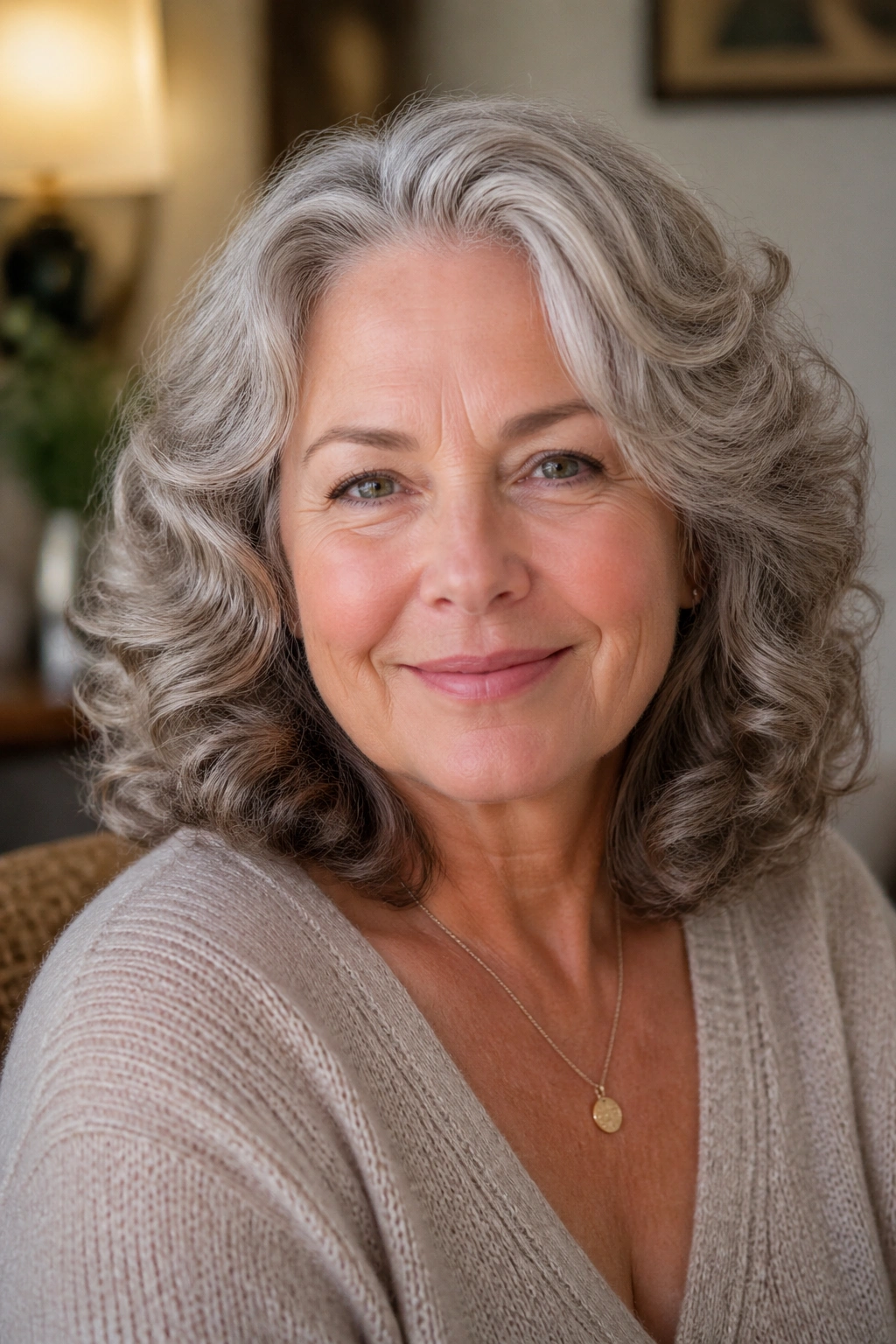 Real woman with soft curls and rounded layers in warm living room