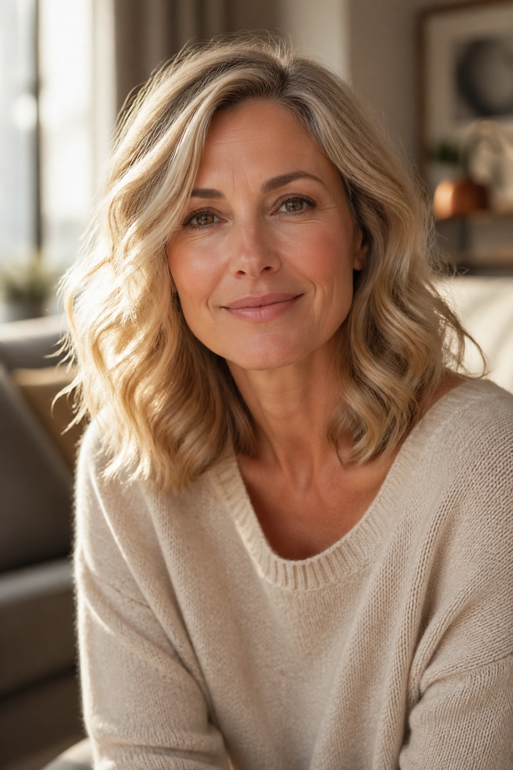 Portrait of real woman with sandy blonde soft curls in warm indoor light