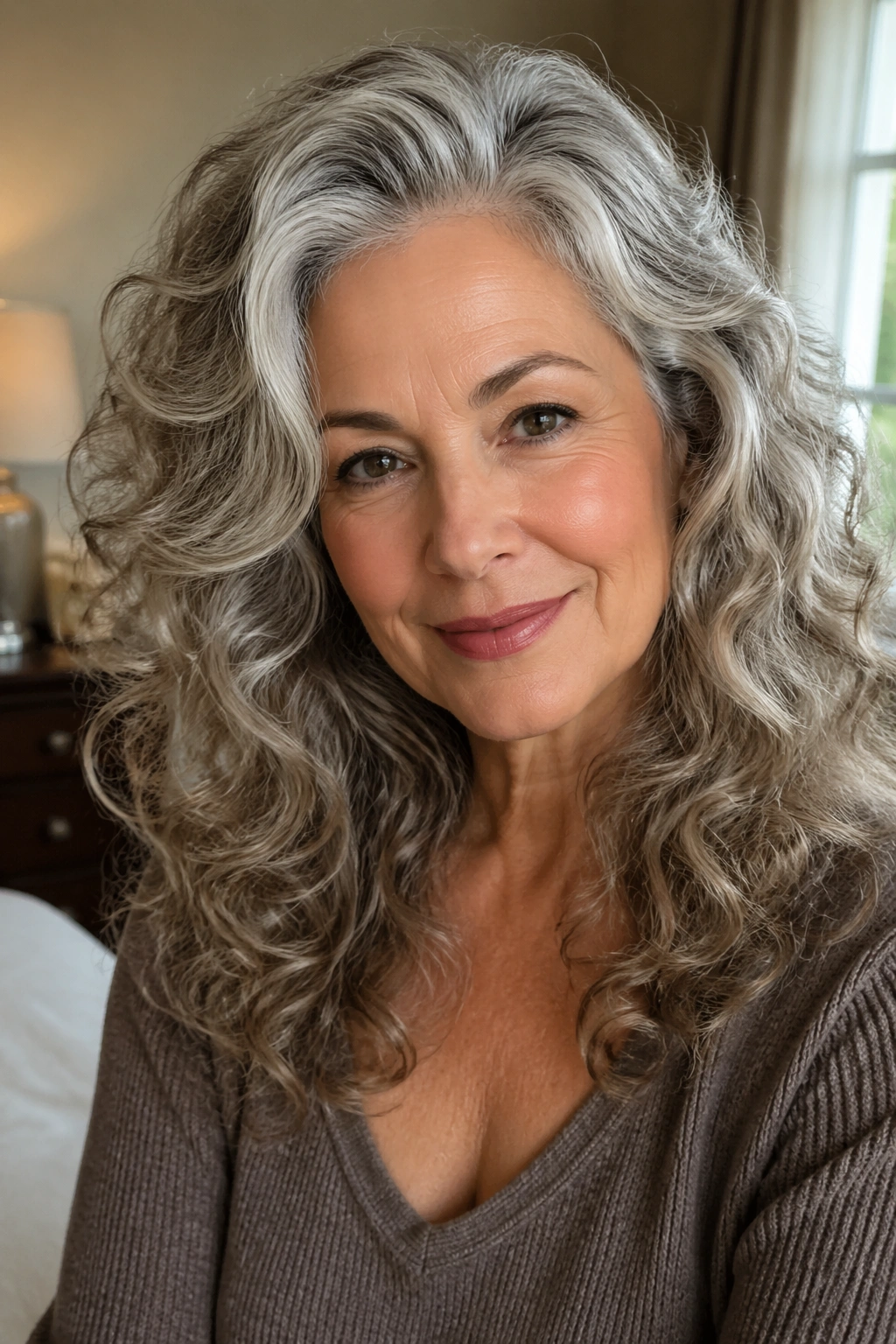 Close-up of a real woman with soft, voluminous brushed-out curls framing her face