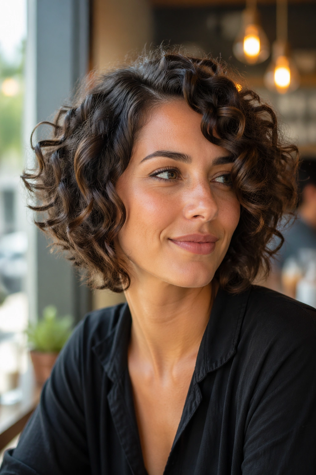 Real woman with soft curly inverted bob and side part seated by a sunlit cafe window