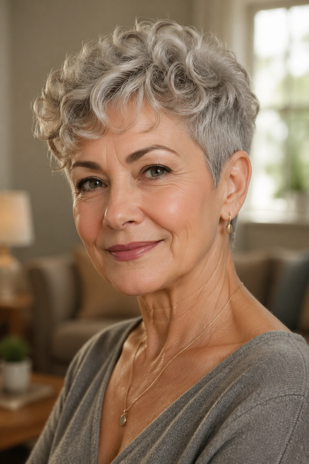 Close-up portrait of a real woman with a soft curly pixie haircut in warm natural light
