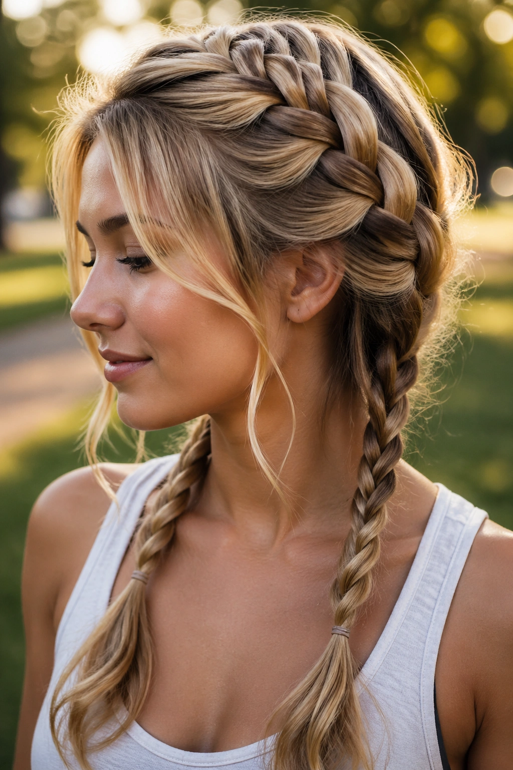 Close-up of a real person with a Dutch braid transitioning into rope twists at the ends in golden hour light