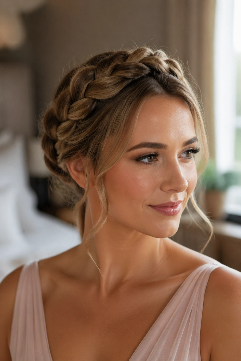 Close-up of a real woman with a soft Dutch crown braid around her head