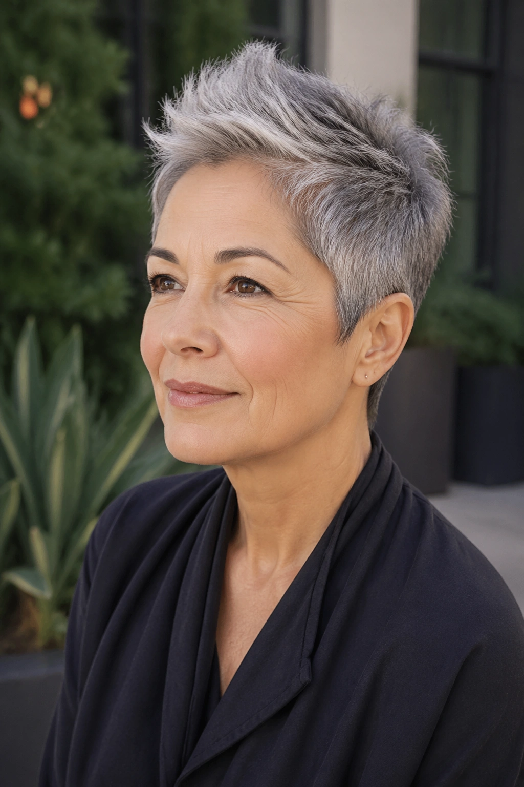 Close-up of a real woman with a soft faux-hawk pixie.