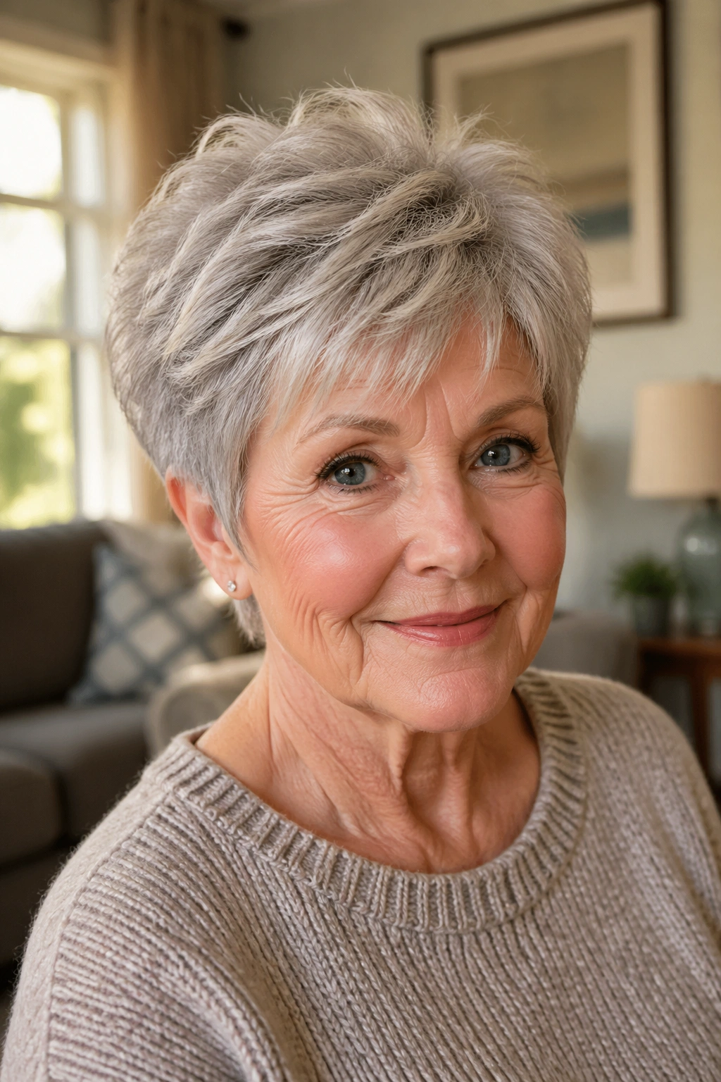 Close-up portrait of a woman with a soft feathered crop