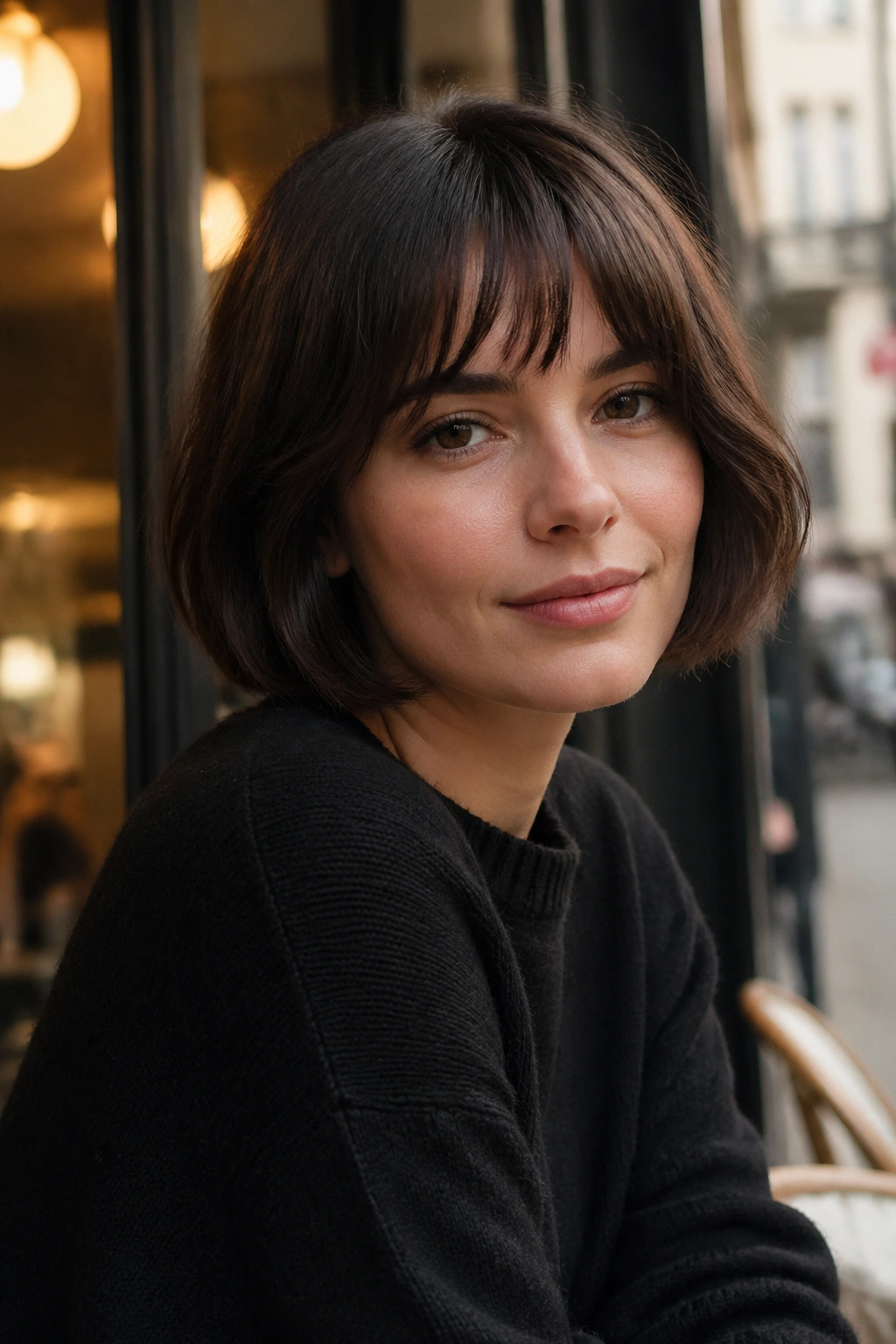 Close-up portrait of a woman with a soft French bob and fringe in a street cafe