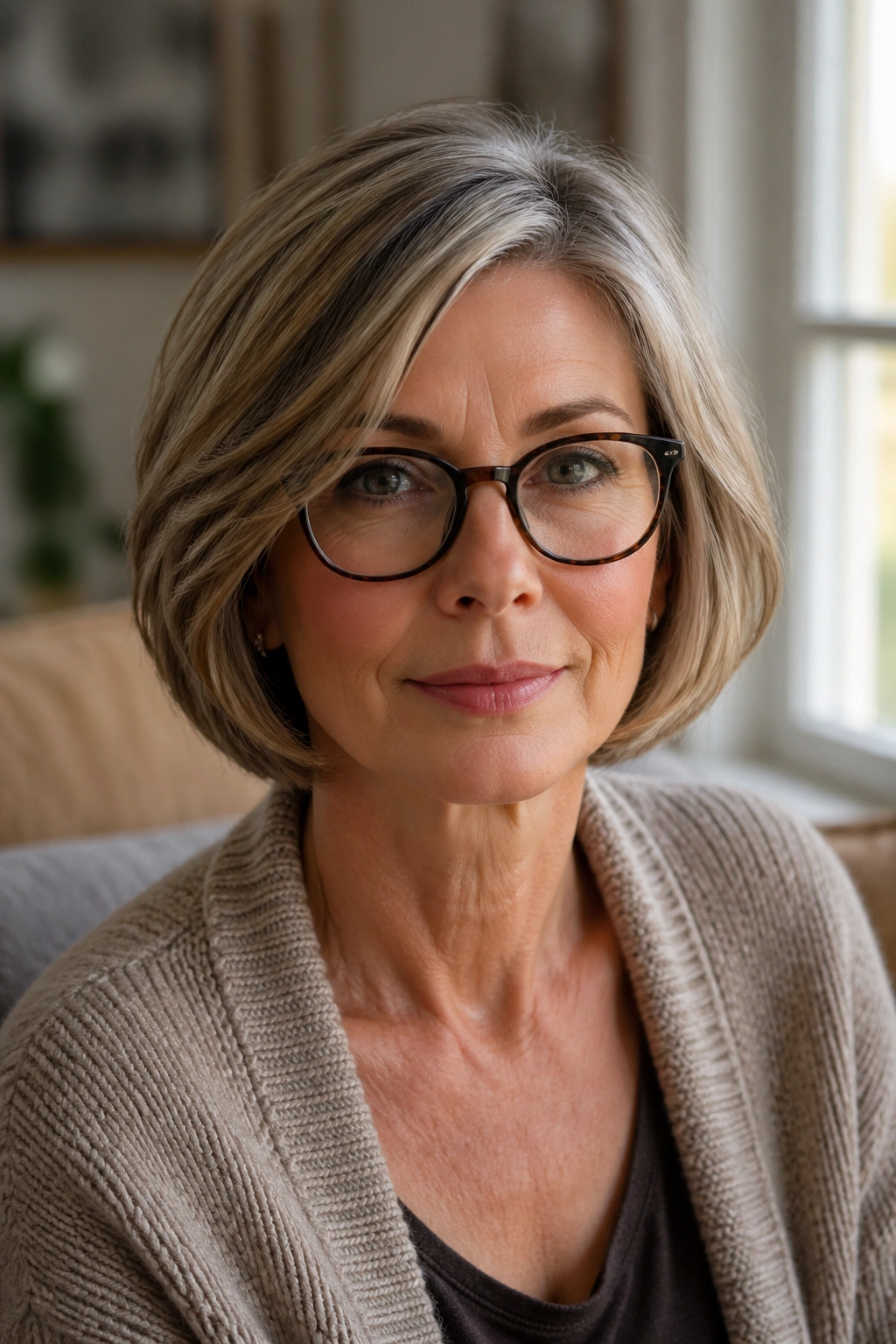 Close-up of a real woman with a jaw-length soft French bob in warm daylight