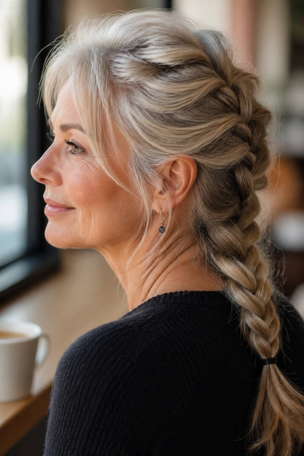 Close-up of a real woman wearing a soft, loose French braid