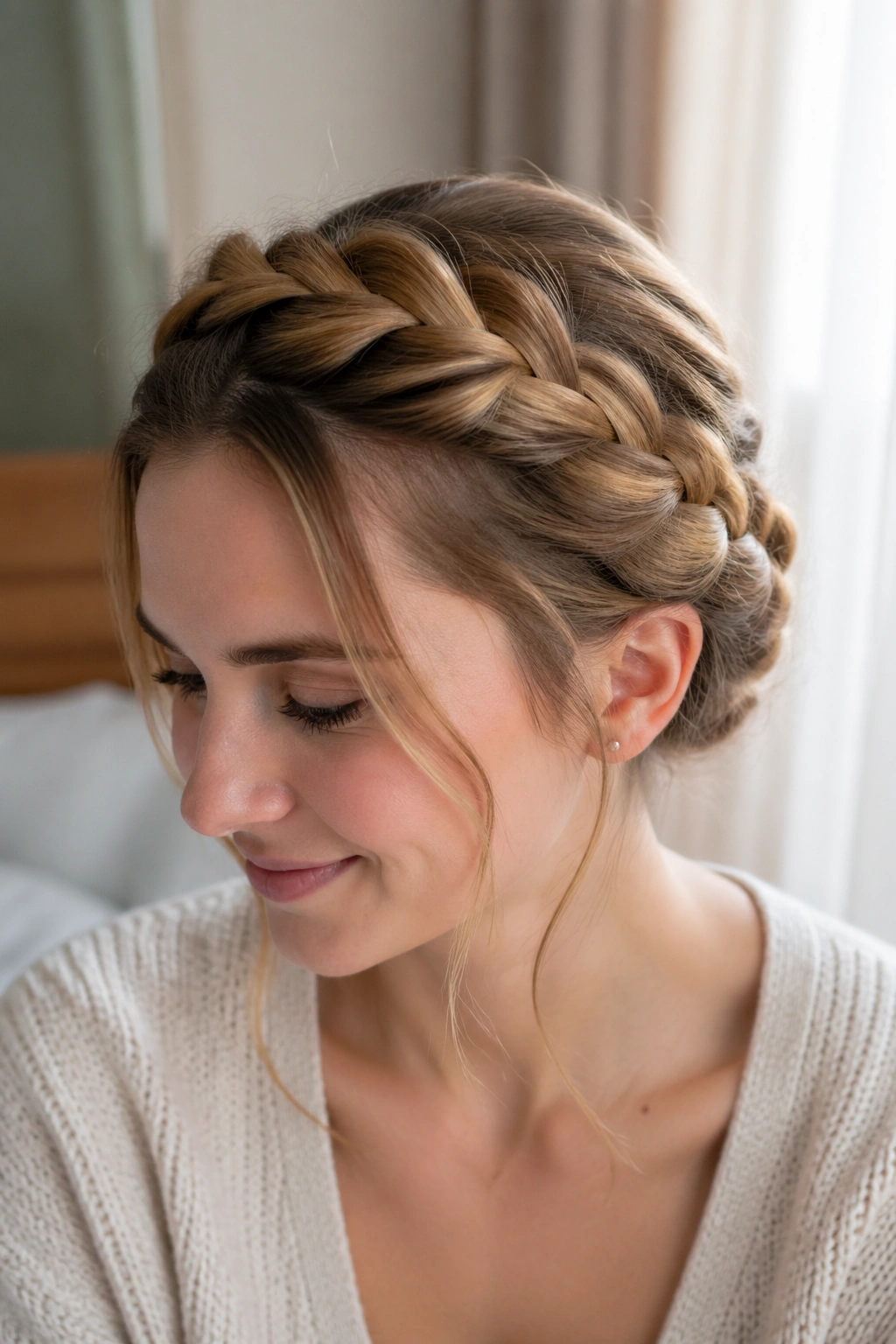 Close-up of a real woman with a soft French halo braid