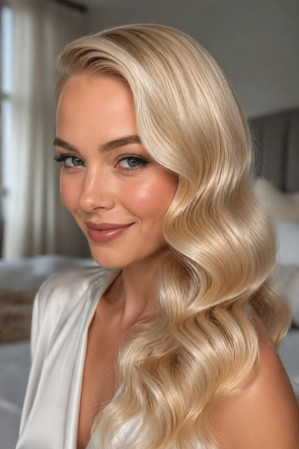 Close-up of a real woman with long blonde Hollywood waves and side part, waves filling the frame with glossy shine