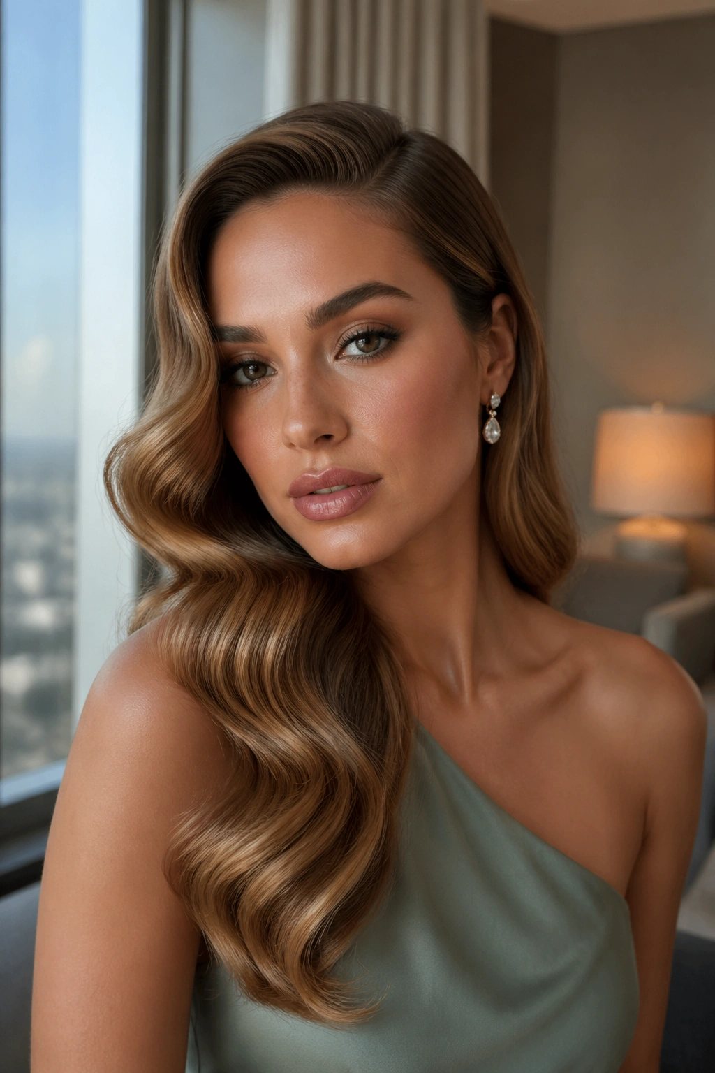 Close-up of a real woman with soft Hollywood waves and deep side part.