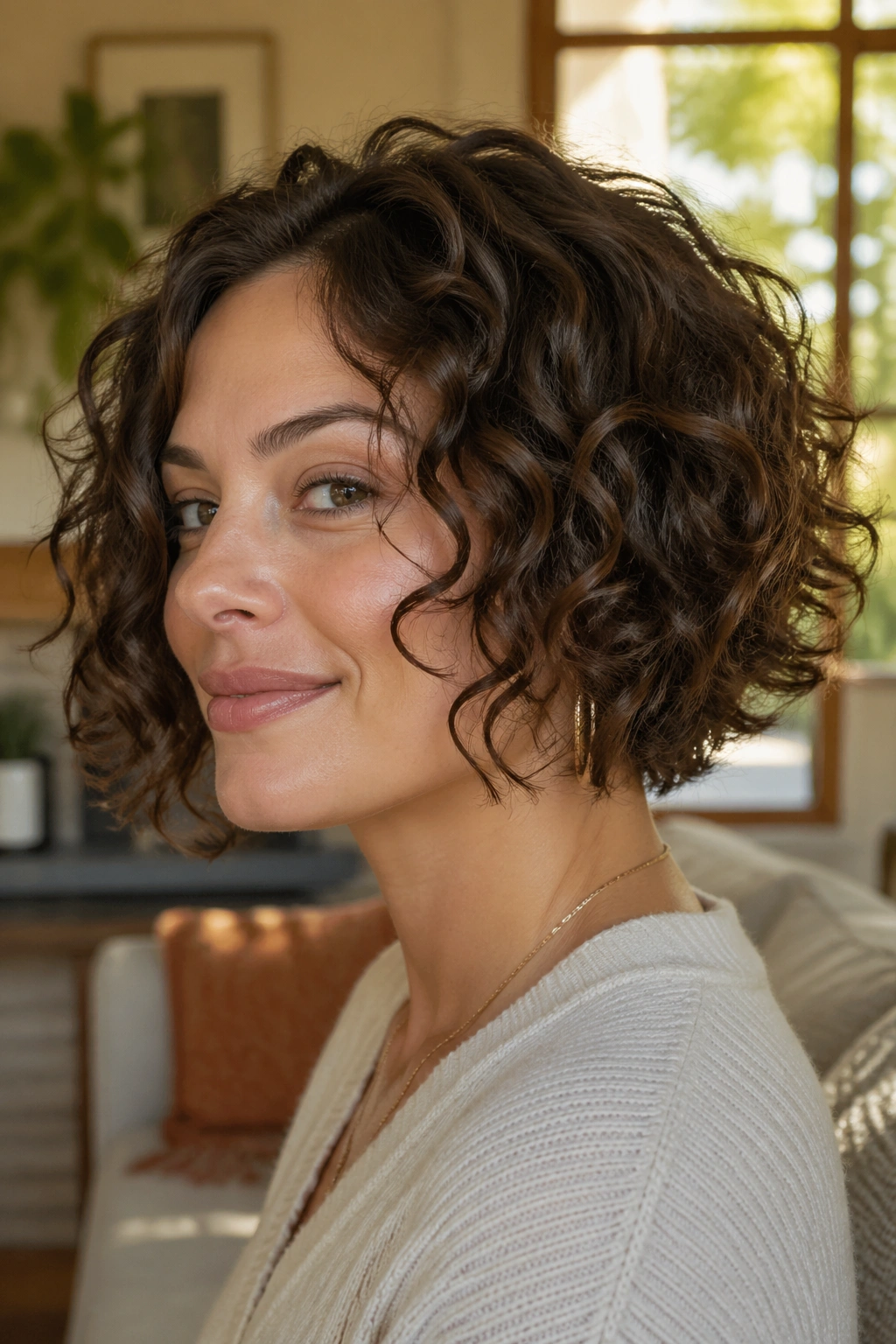 Close-up portrait of a real woman with a soft inverted curly bob showcasing curls framing the jawline