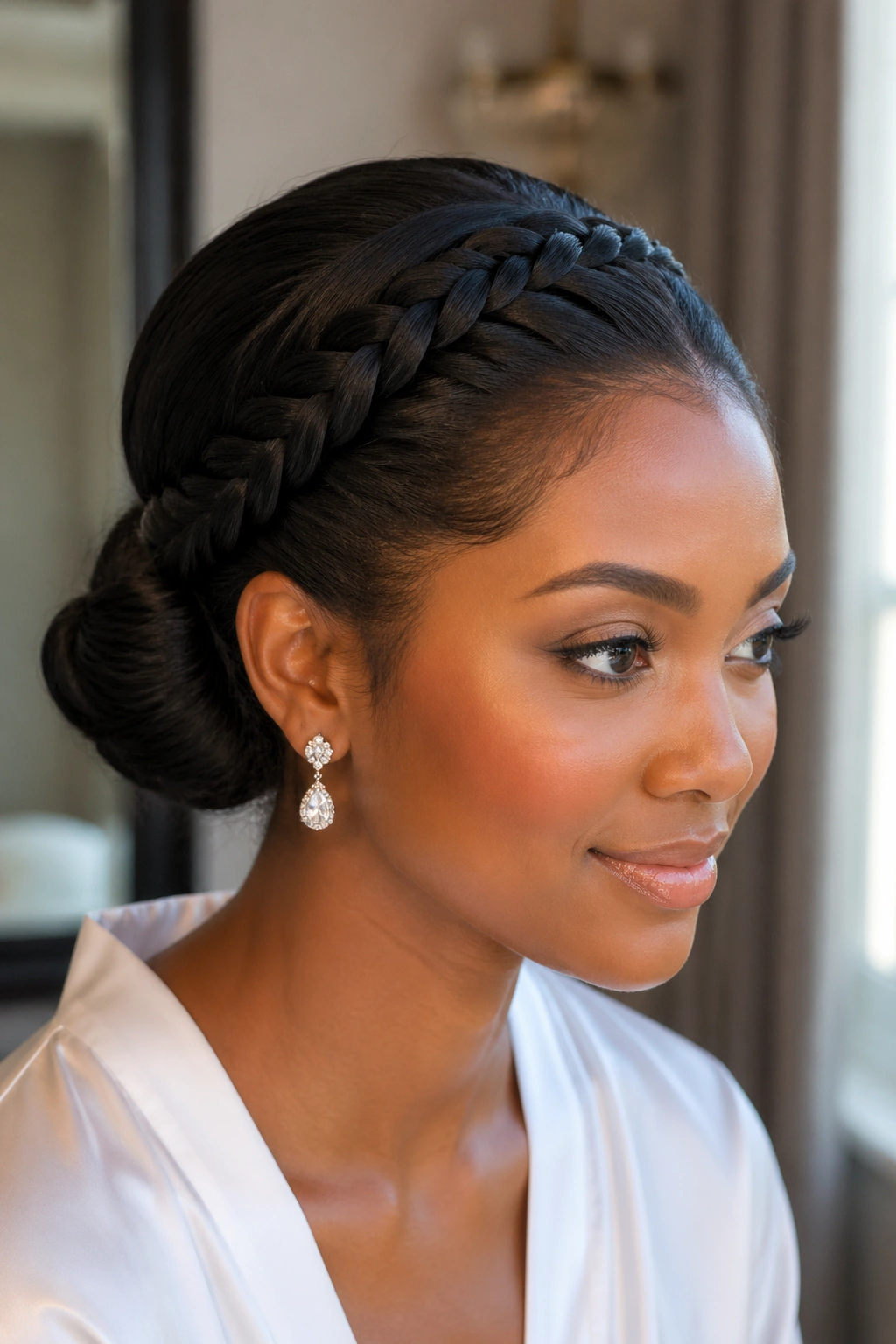 Close-up of a real woman showing soft lace braid with flat crown and low twist