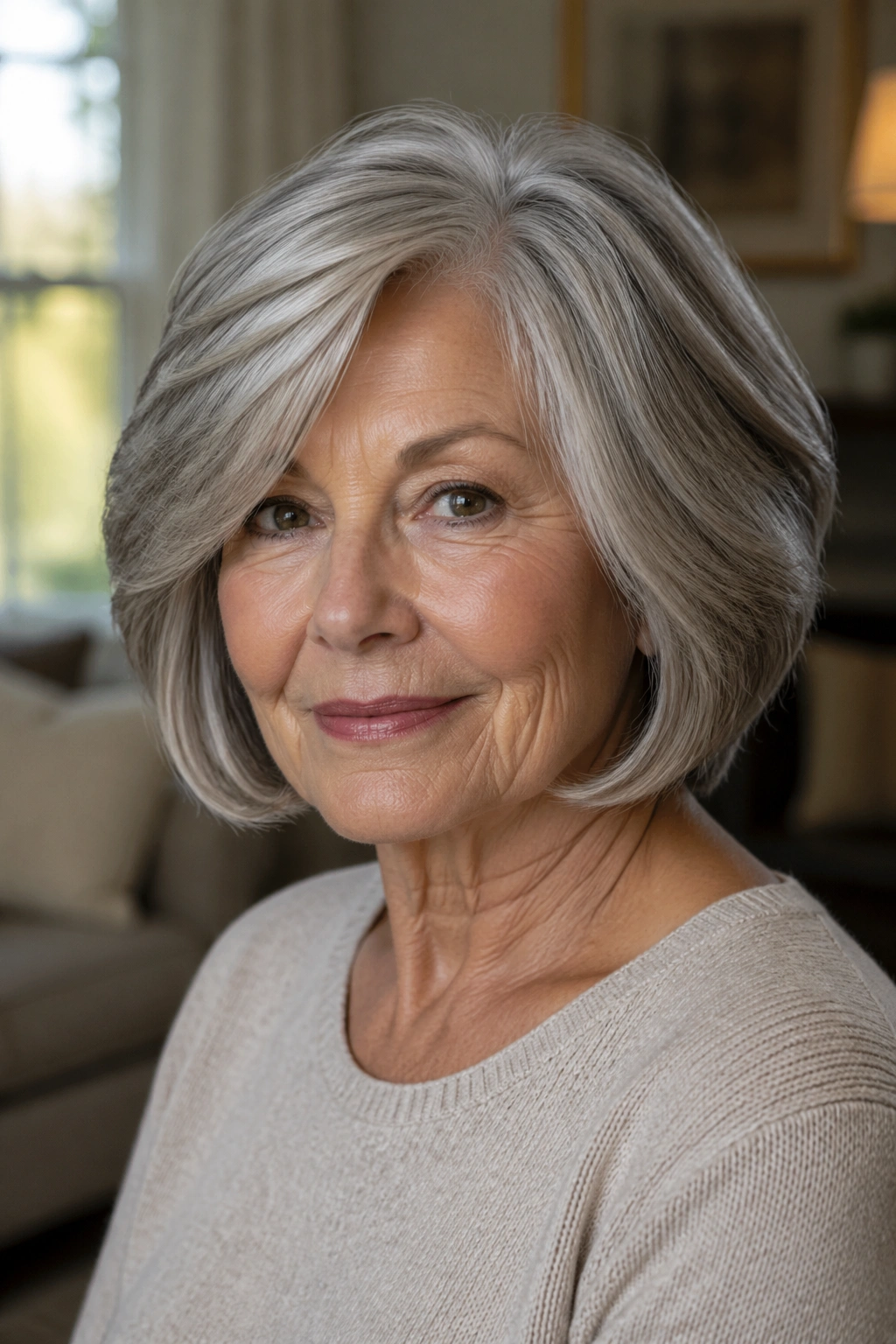 Senior woman with a soft layered bob hairstyle in warm natural light