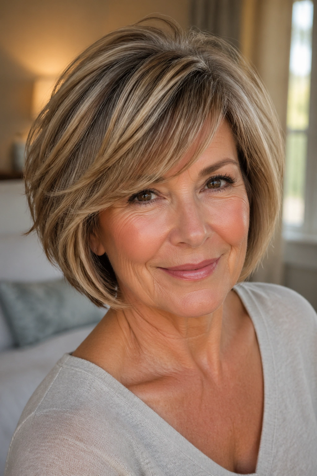 Close-up portrait of a real woman over 50 with a soft layered bob and side-swept bangs