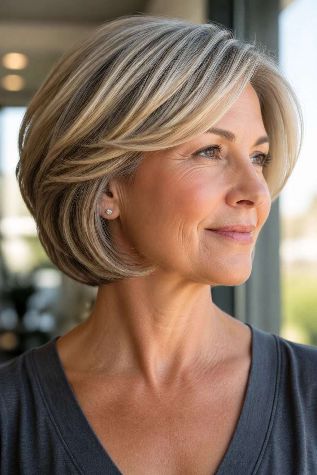 Close-up portrait of a woman with a soft layered bob and visible movement in natural light.