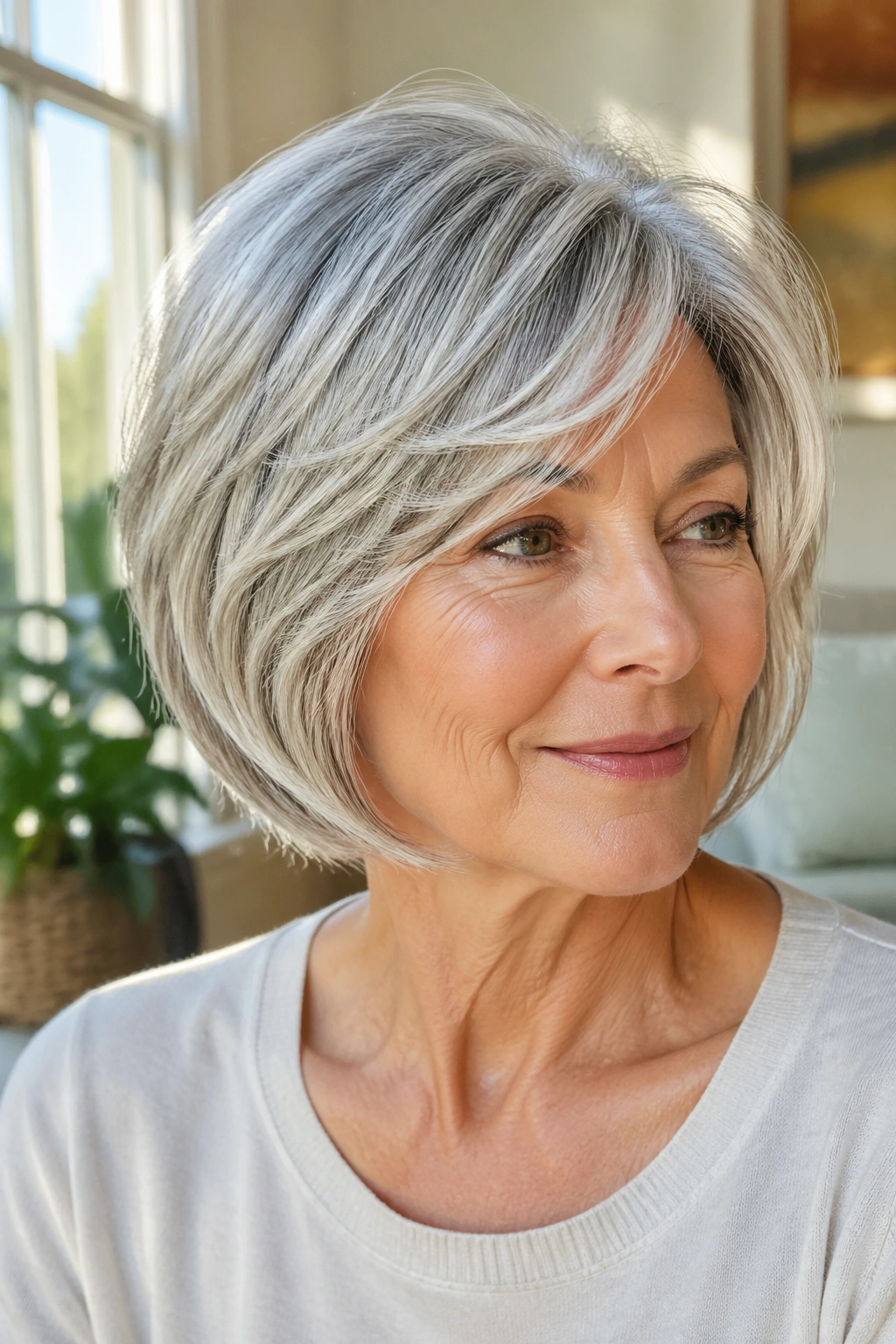 Close-up portrait of a real woman with a soft layered bob in warm window light